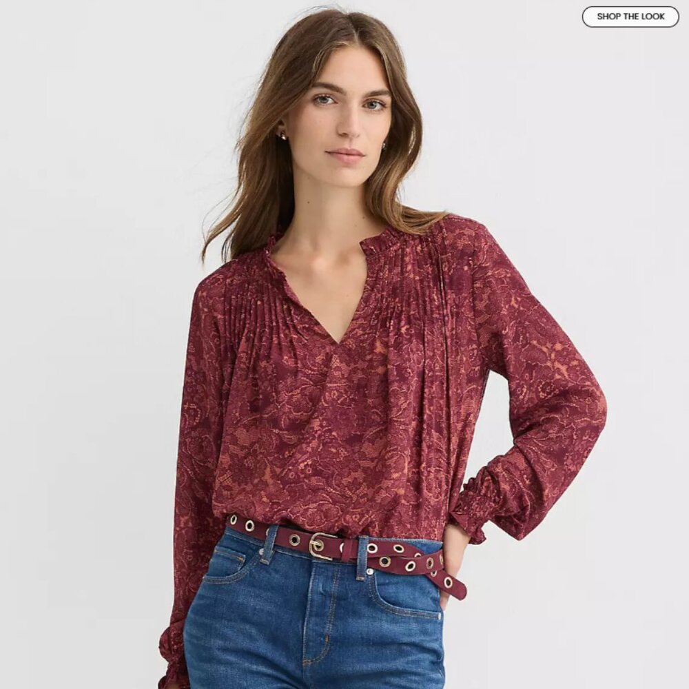 Loft Lace Print Pintucked Ruffle Mixed Media Bloused Wine Garnet Colored